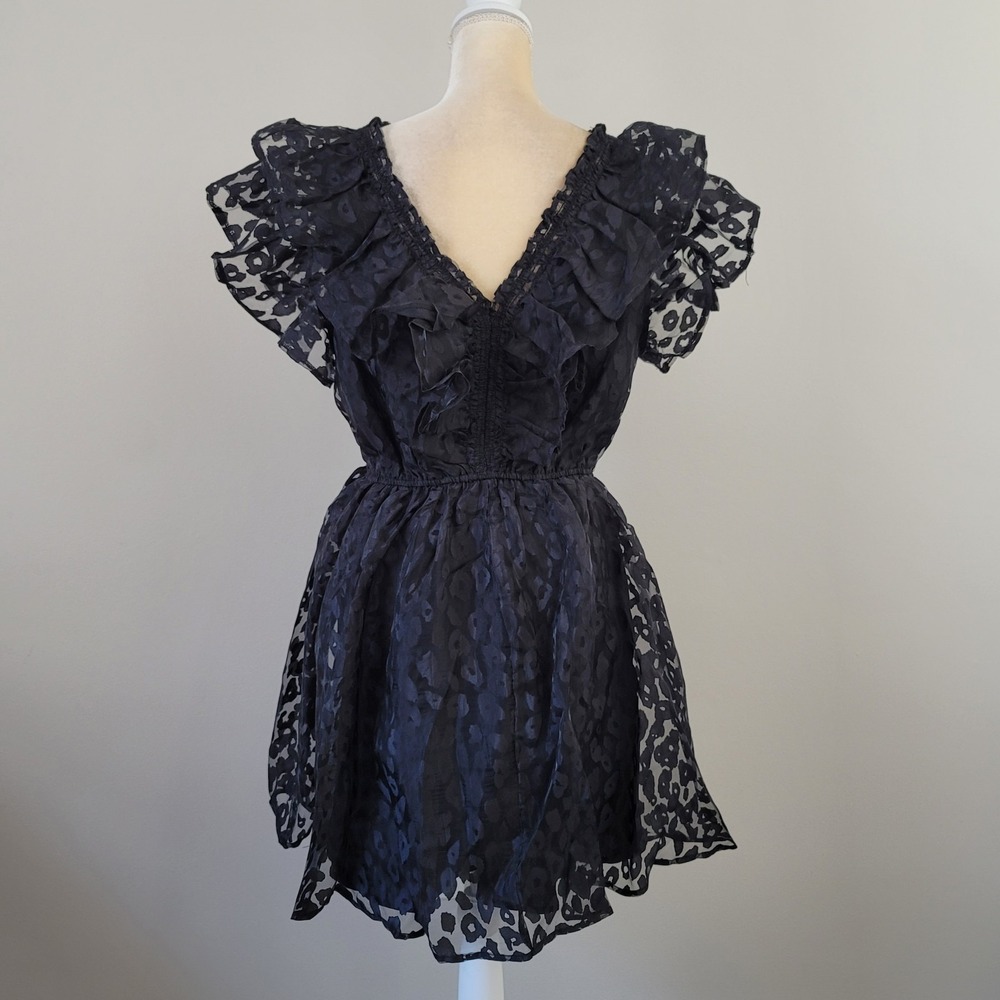 ENTRO Size Large Black Ruffled Flutter Sleeve Sheer Leopard Overlay Mini Dress - Picture 7 of 9